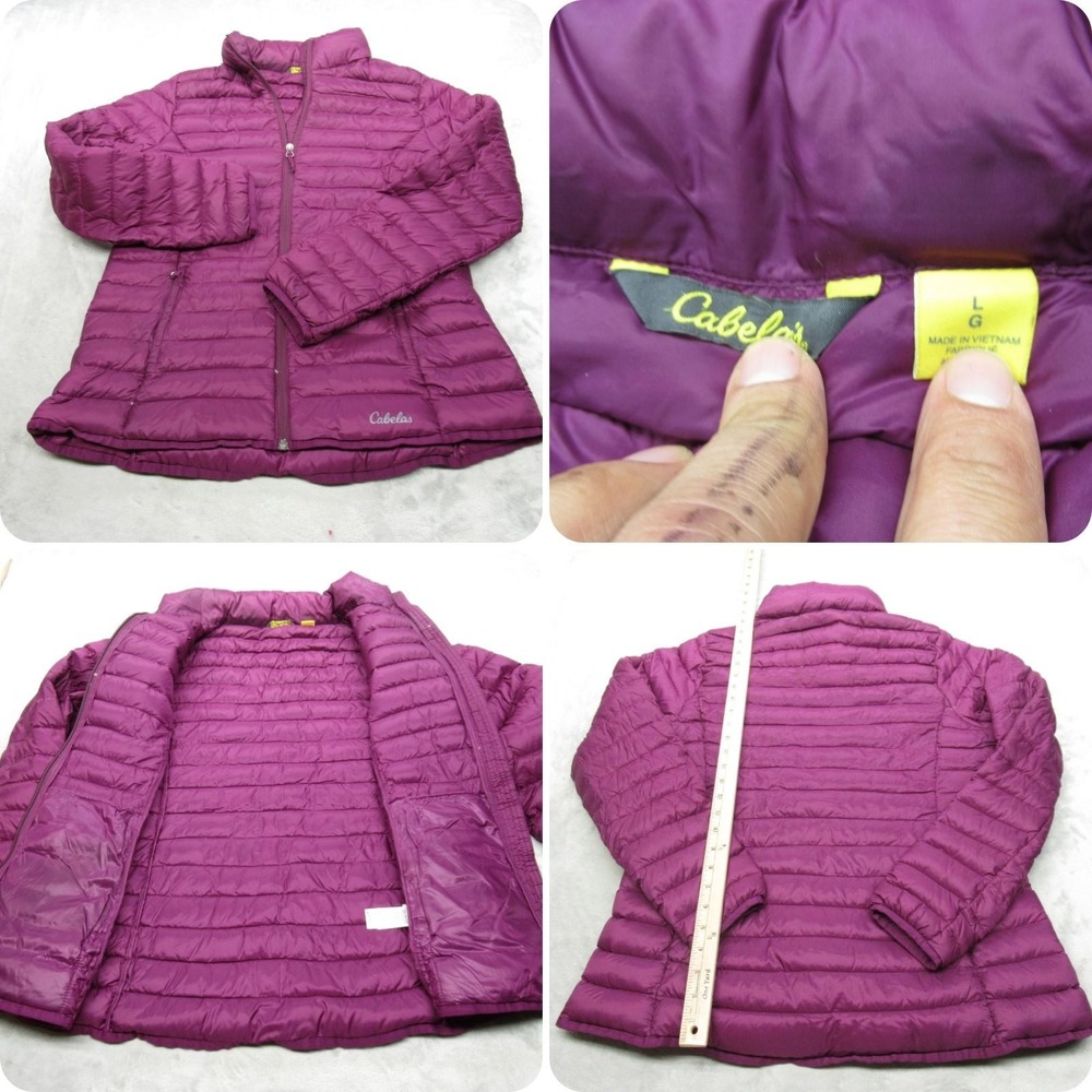Cabelas Down Jacket Women Large Purple Puffer Lightweight Packable Full Zip READ
